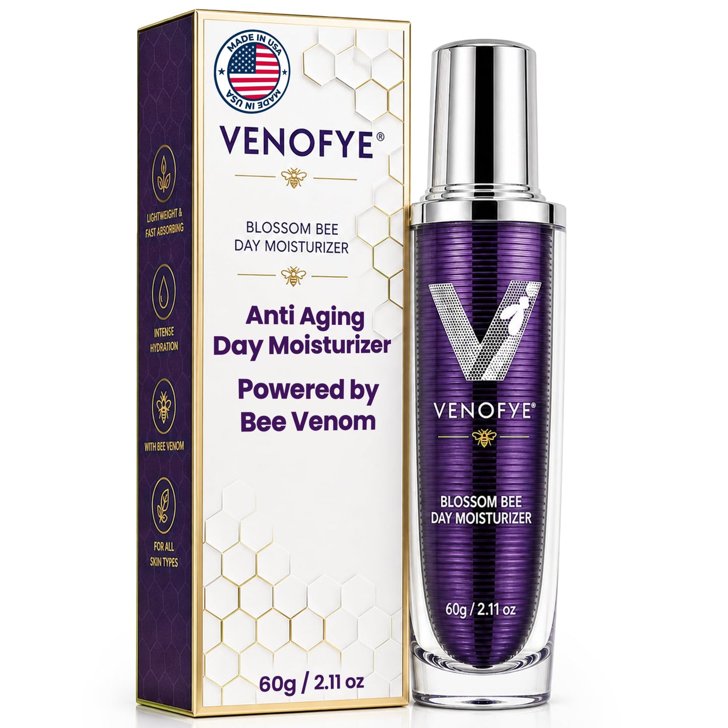 Venofye Blossom Bee Day Moisturizer - Unscented Cream for All Skin Types, Vitamin E Infused, 2.11 Fl Oz