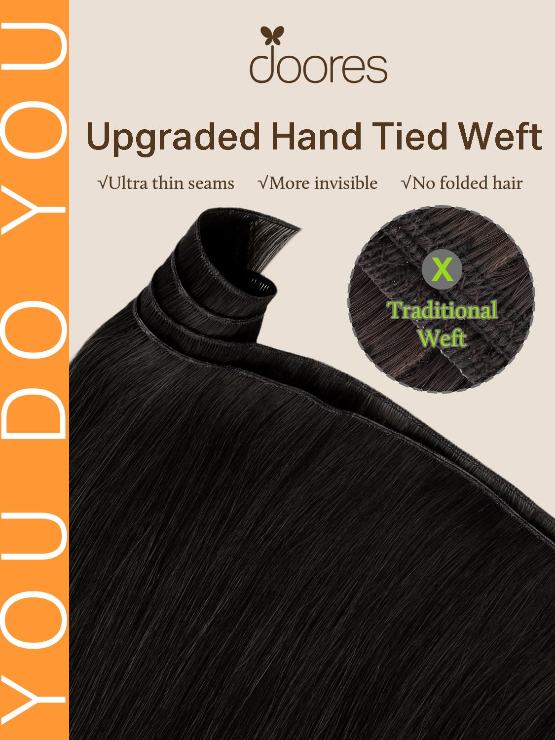 DOORES Genius Sew in Hair Extensions Virgin Hair Bundles, 18 Inch Natural Black 50g, Natural Sew in Weft Extensions