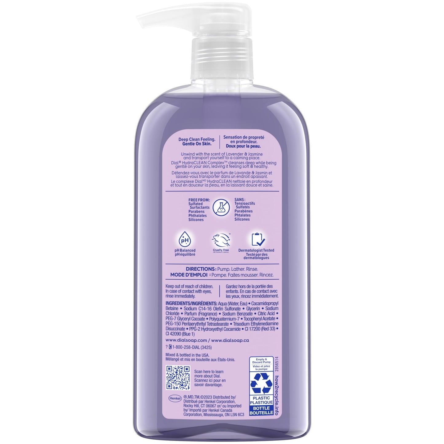 Dial Body Wash, Calm & Soothe Lavender & Jasmine, 23 Fl Oz (Pack of 3), Hydraclean Complex & Vitamin E, Gentle, Leaves Skin Feeling Nourished, Dermatologist-Tested, No Parabens & Sulfates