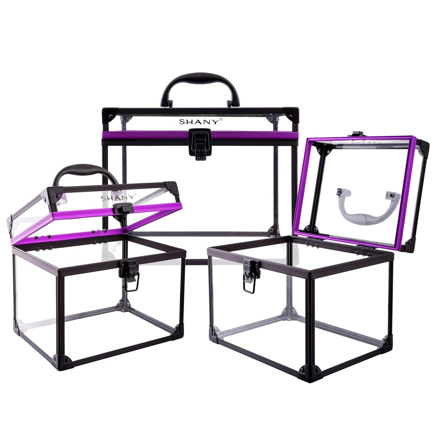 SHANY Clear Cosmetics and Toiletry Train Case - Clear Travel Makeup Bag Case Organizer with Secure Closure and Black/Purple Accents - 3PC Set