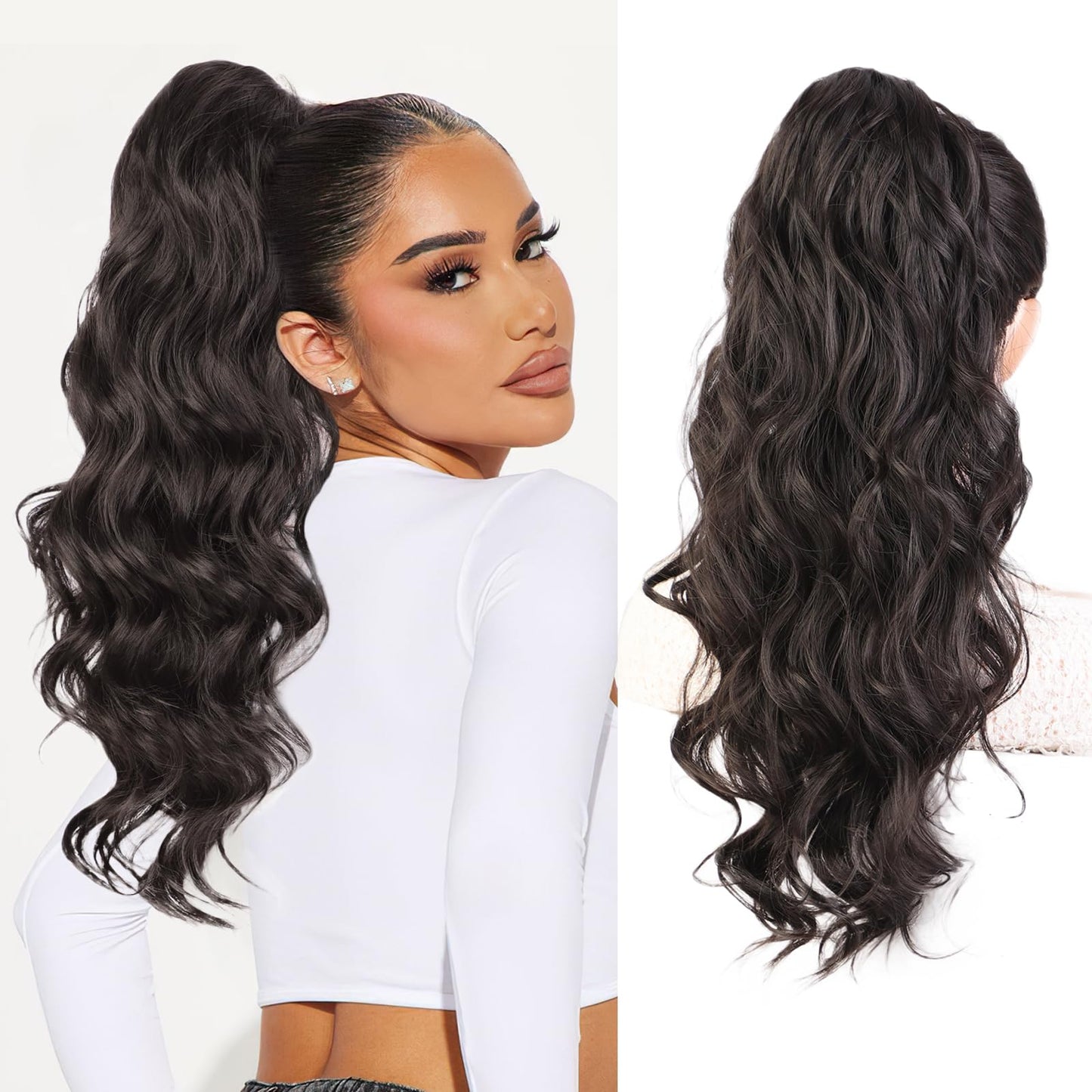 Stamped Glorious Black Ponytail Extension-22 Inch Long Body Wave Pony Tail Hair Extension,Drawstring Ponytail for Women,Synthetic Hair Extension Ponytail(Color:Black)