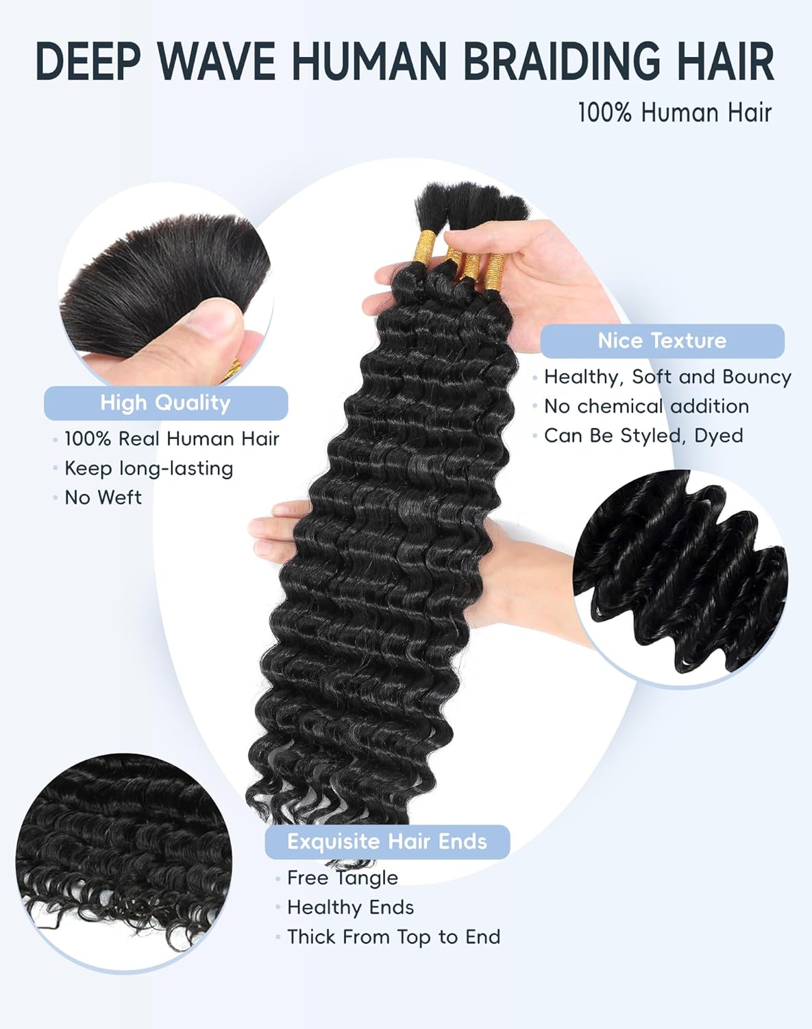 22 Inch Human Braiding Hair - Deep Wave Boho Braids, 110g | 100% Unprocessed Brazilian Virgin Hair Extensions, Natural Color, 4 Bundles