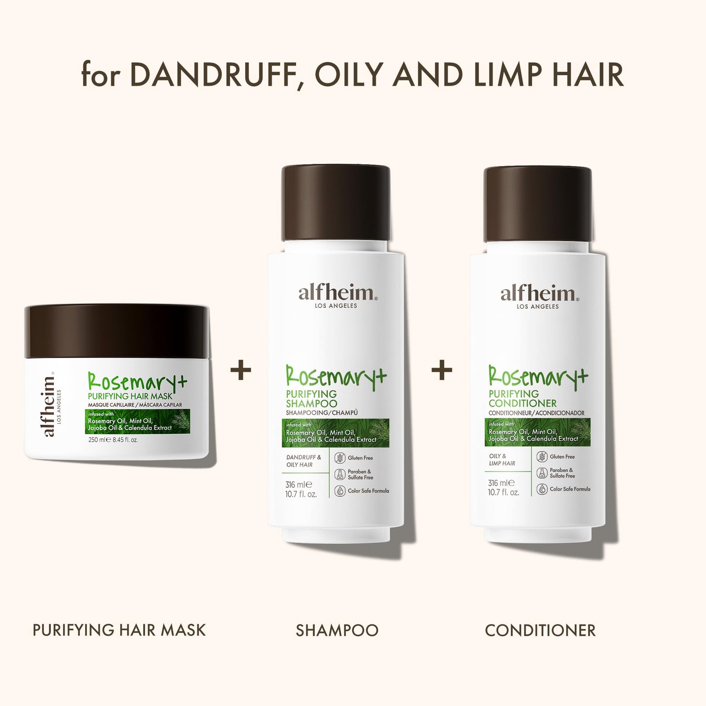 ALFHEIM Rosemary 3-piece set of shampoo, conditioner and hair mask Deep Cleansing Scalp Care Strengthens Roots & Prevents Flatness Sulfate & Paraben-Free for Oily Scalp & Sensitive Skin