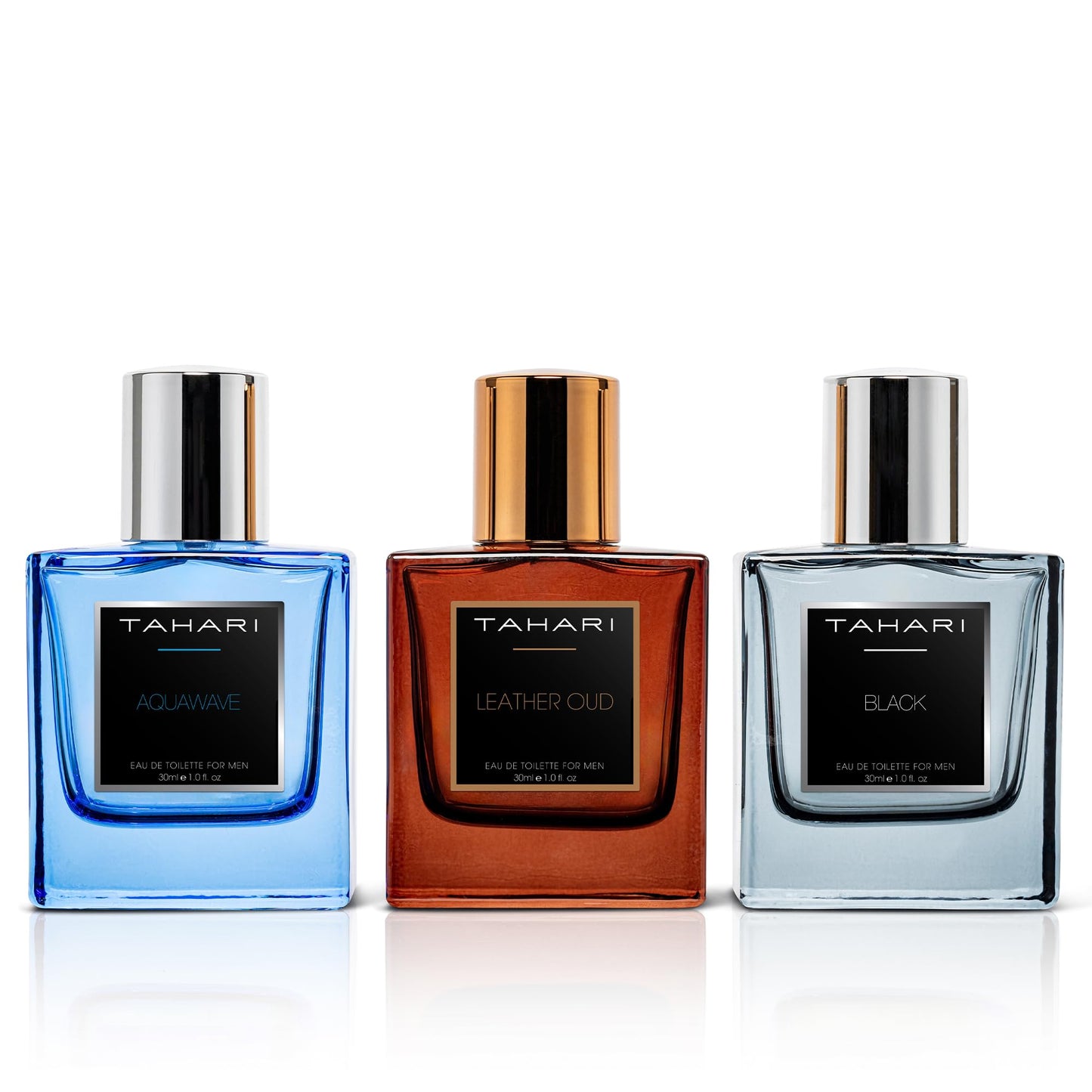 TAHARI Men’s Eau de Toilette Trio Set for Men – Leather Oud, Aquawave & Black Scents – Luxury Fragrance Collection with Rich, Long-Lasting, Contemporary Masculine Aromas, 3 x 1.0 fl oz / 3 x 30 mL.