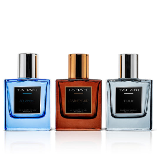 TAHARI Men’s Eau de Toilette Trio Set for Men – Leather Oud, Aquawave & Black Scents – Luxury Fragrance Collection with Rich, Long-Lasting, Contemporary Masculine Aromas, 3 x 1.0 fl oz / 3 x 30 mL.