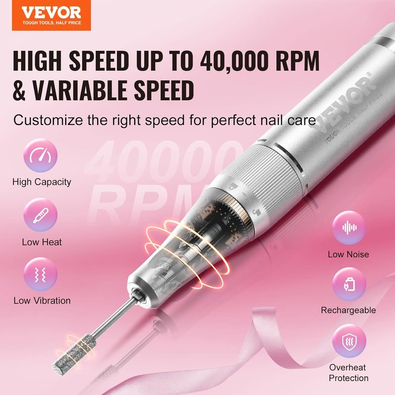 VEVOR Electric Nail Drill - 40,000RPM Rechargeable E-File Machine with LCD Display | 6 Bits & 50 Sanding Bands for Manicure & Pedicure