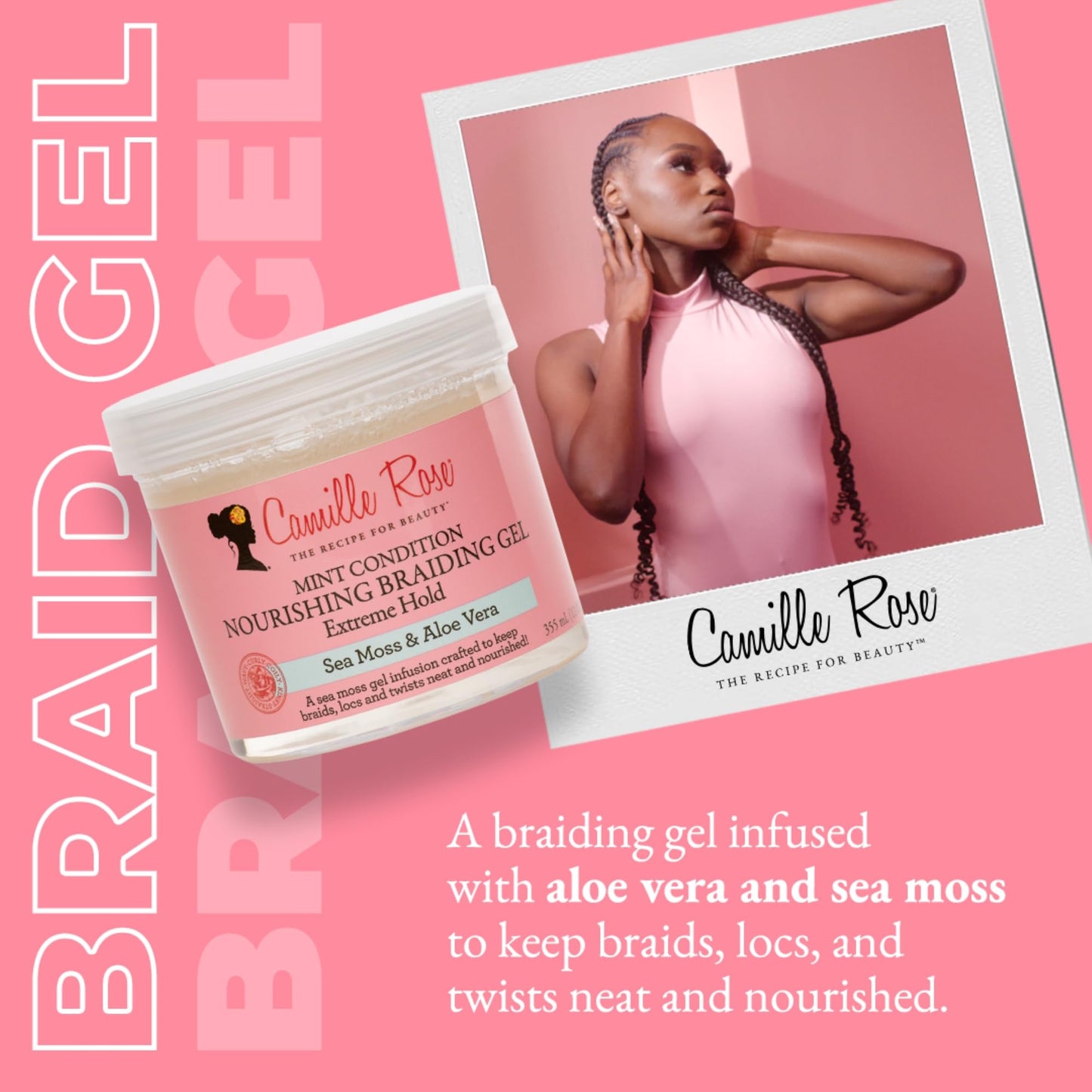Camille Rose Braiding Gel, Mint Condition – Sea Moss & Aloe Vera Braid Gel for Dry, Itchy Scalp, Flake & Frizz Control, 12 Oz