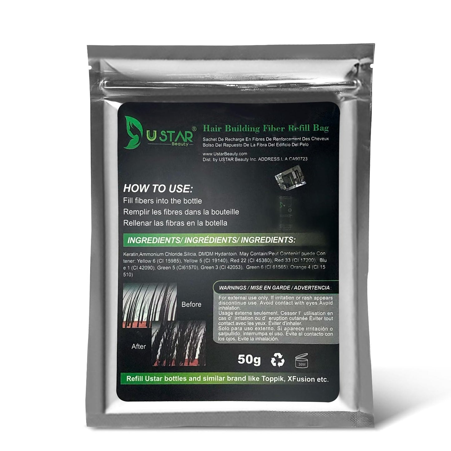 USTAR Hair Building Fibers Refill Bag 50 Gram (Dark Brown)
