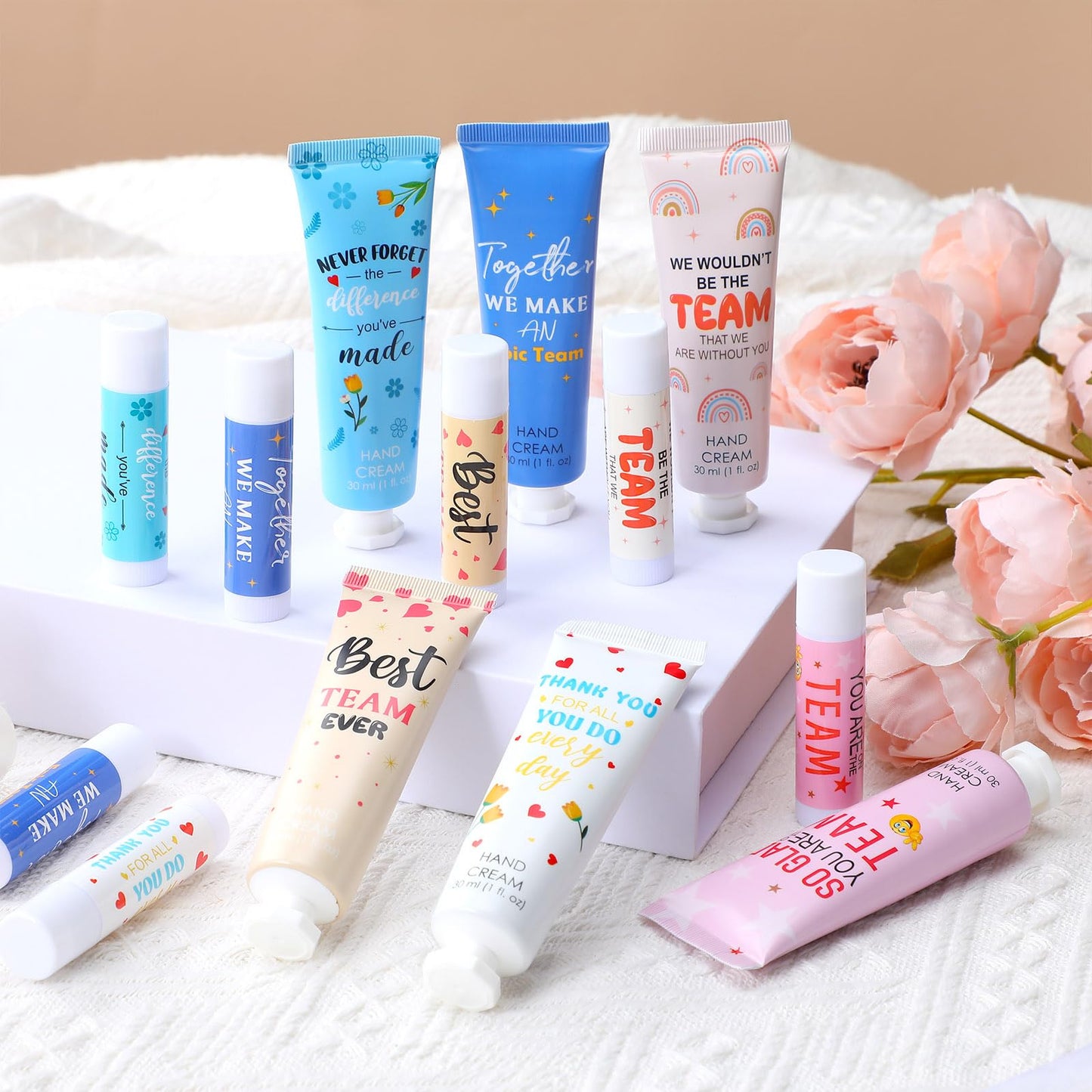 Dansib 12sets/48pcs Best Team Ever Gifts Team Appreciation Thank You Gifts for Coworkers Women Employee Appreciation Gift Party Favors Basket Stuffers Items Travel Hand Lotion and Lip Balm Set