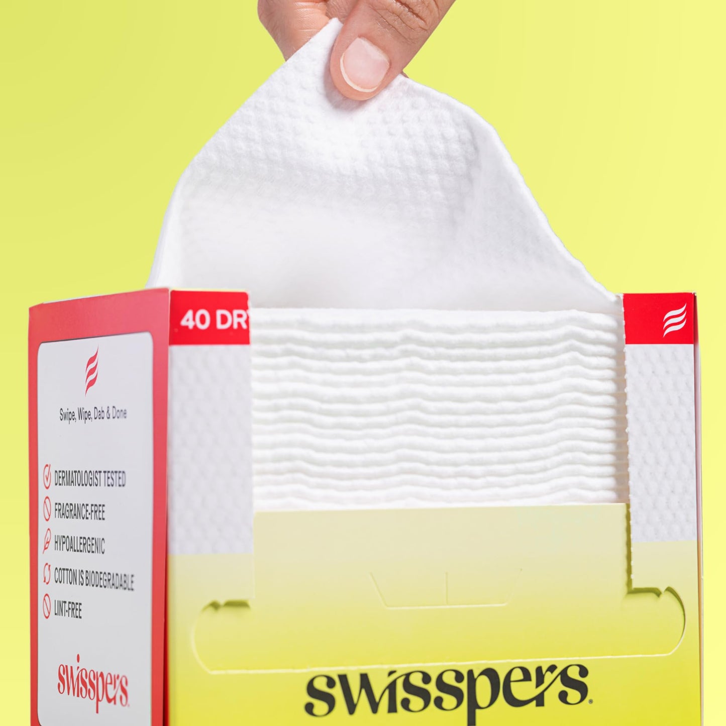 Swisspers Premium 100% Cotton Dry Facial Wipes - Hypoallergenic, Biodegradable Beauty Cloths with Dot Embossing - Vegan Makeup Remover Towelettes for Women & Men, 40 Count (Pack of 4)
