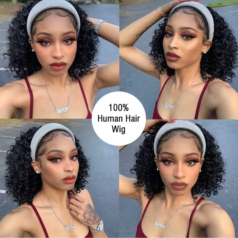 Short Curly Headband Wigs Human Hair Wig for Black Women, Glueless Kinky Curly Weave Wigs 100% Unprocessed Hair None Lace Front Wigs Color 1B 150% Density (10", 1B, Curly)