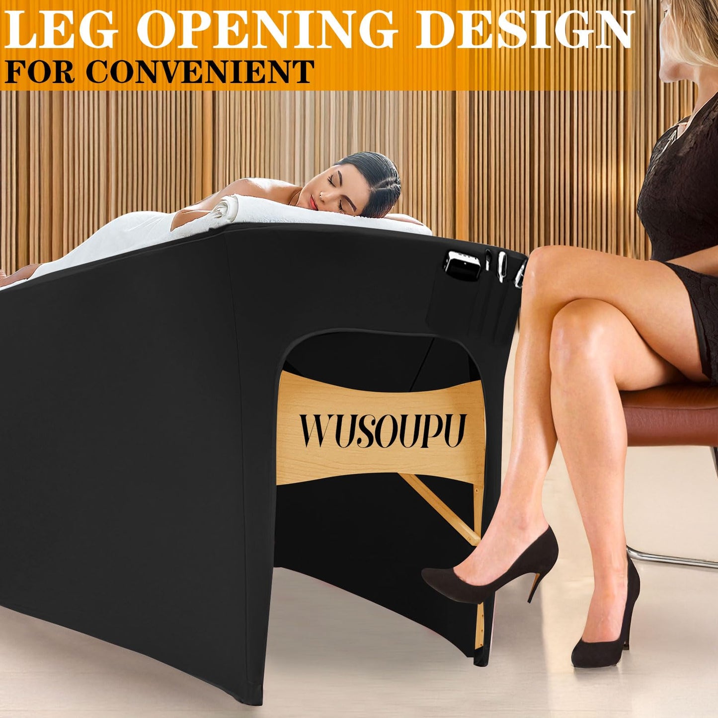 WUSOUPU Wipeable Lash Bed Cover Massage Table Cover Waterproof and Reusable Wax Bed Cover for Esthetician, High Elasticity Vegan Leather Tablecloths for 6 FT Rectangular Table (Black)
