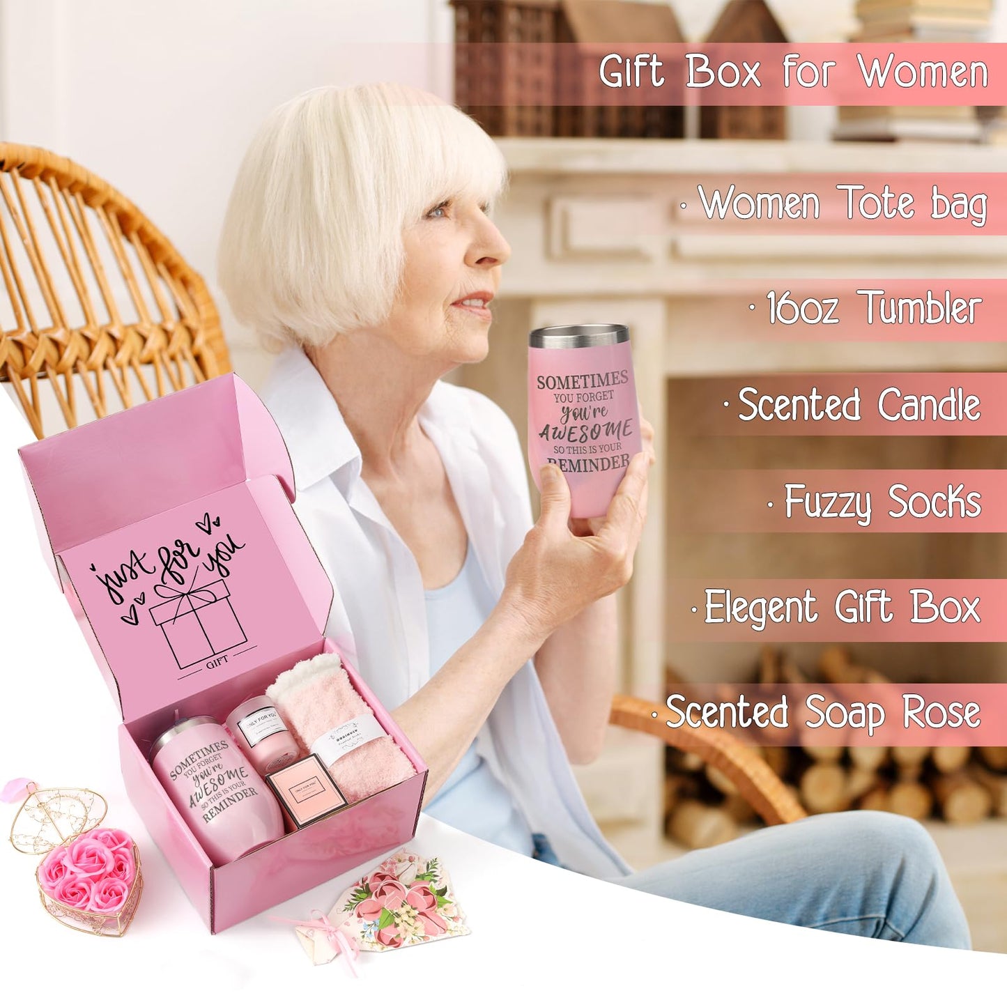 Christmas Gift baskets for Women, Christmas Gift Sets for Mom, Her, Wife, Girlfriend, Care Package for Women, Birthday Unique Gifts, Holiday Gifts Basket with Canvas Tote Bag Sock Tumbler Flower Pink