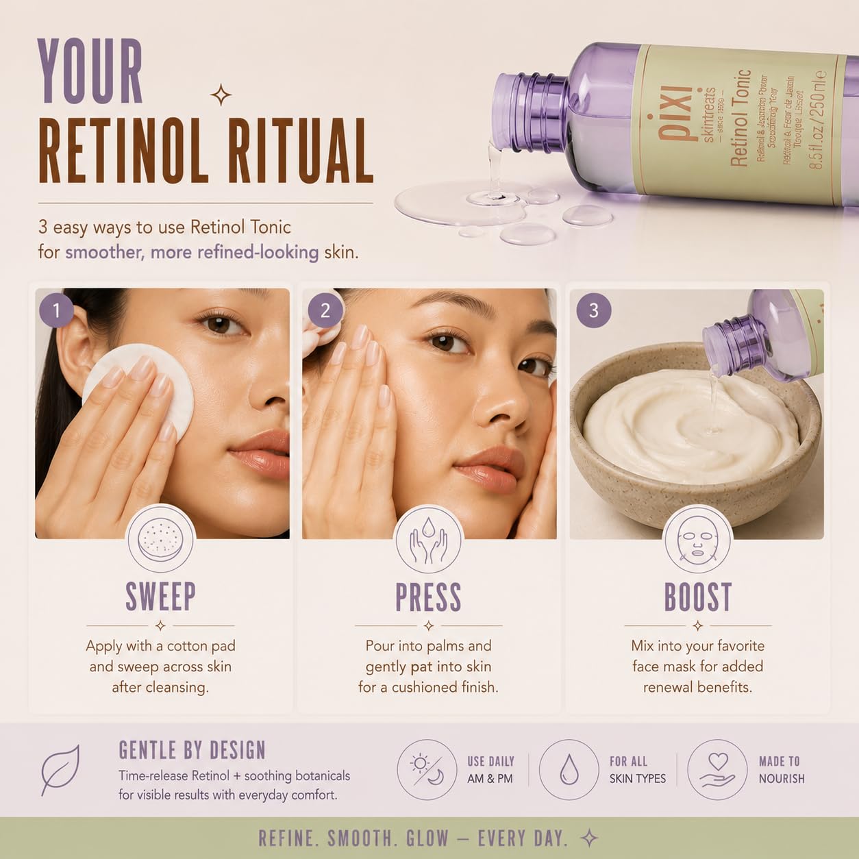 Pixi Retinol Tonic, Smoothing & Firming Facial Toner | Oil Control | Enhanced with Peptides to Boost Collagen Production | Alcohol-Free Daily Rejuvenating Toner, 250 ml / 8.5 fl oz