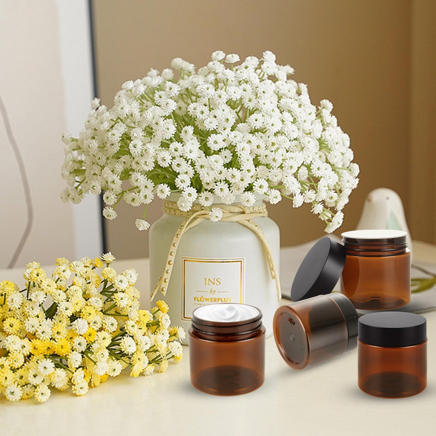 GBACHOOSE 50 Pack 2 oz Amber Plastic Jars with Lids, Round Cosmetic Jars Refillable Makeup Containers for Cream, Lotion, Powder, ointment, Beauty Products etc