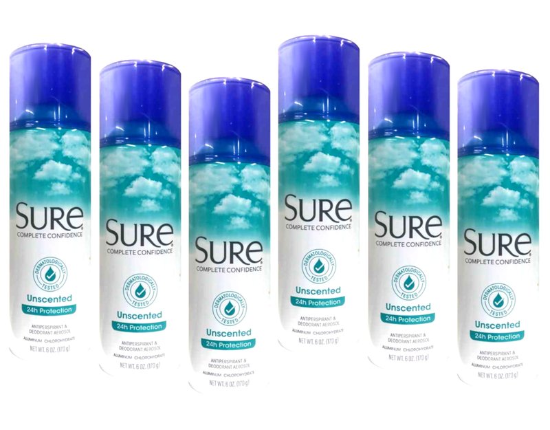 Sure Unscented Aerosol Antiperspirant and Deodorant - 24 Hour Protection for Men and Women - Fast Drying Spray - Pack of 6