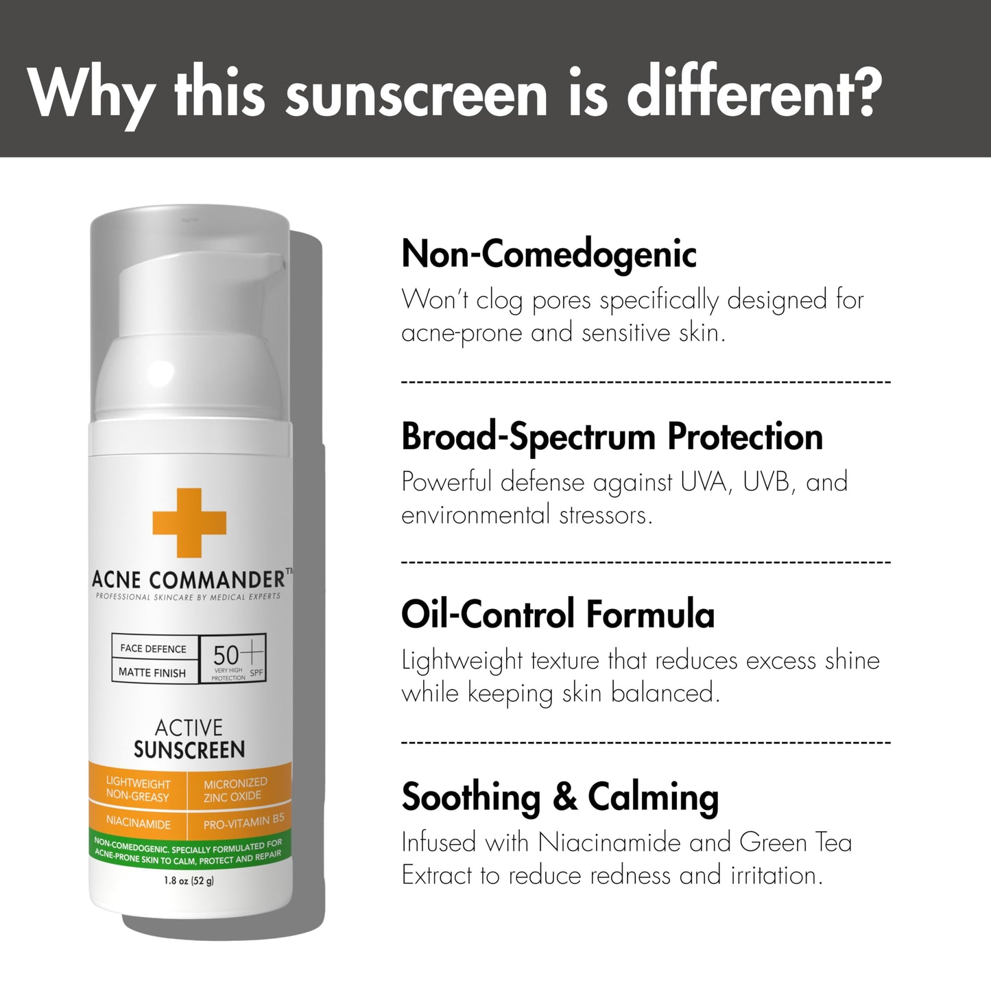 Acne Commander Mineral SPF 50 Face Sunscreen for Acne-Prone & Sensitive Skin — Zinc Oxide, Non-Comedogenic, No White Cast — Non-Tinted, Broad Spectrum, Fragrance-Free, Lightweight Daily, ~52g