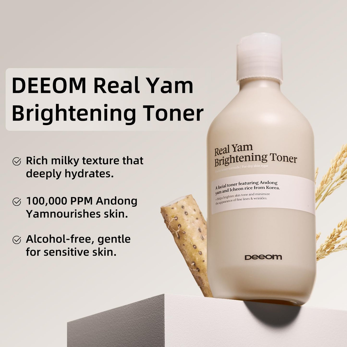 DEEOM Real Yam Brightening Toner, Hydrating Milky Toner for Face with Rice Water, Yam Extract & Niacinamide, Korean Moisturizing Facial Toner, Alcohol Free, Glow Enhancing, 300ml