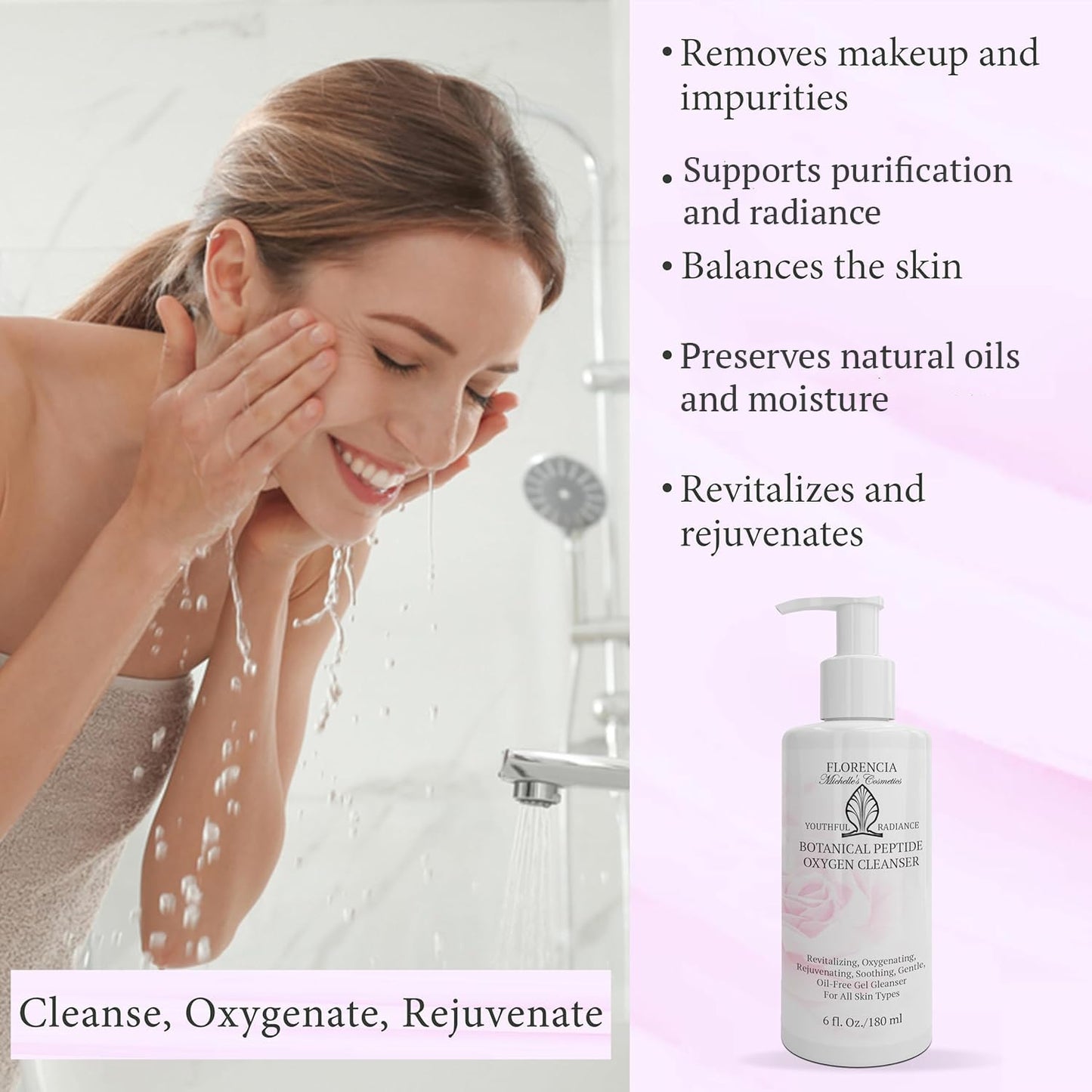 Florencia Botanical Peptide Oxygen Cleanser – Oil-Free Foaming Gel Face Wash with Glycoproteins, Algae & Botanical Extracts, Gentle Revitalizing Daily Facial Cleanser for All Skin Types, 6 Oz