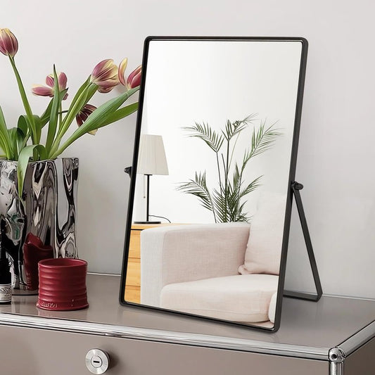 Numjeg Desktop Makeup Mirror with Black Metal Standing 90° Rotation Vanity Table Mirror Portable Cosmetic Mirror for Dressing Room Bedroom Bathroom Rectangle