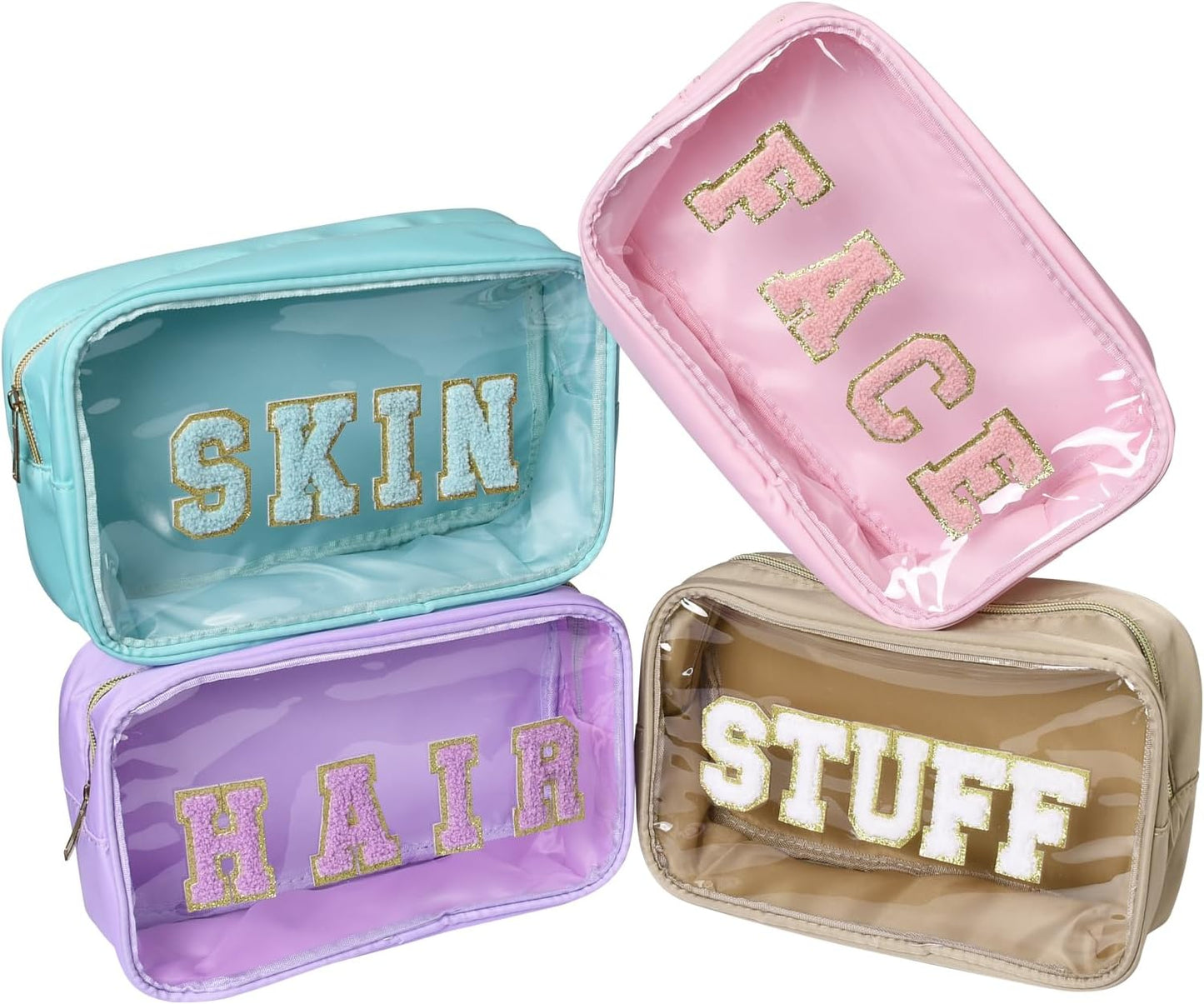 Storage Bags for Skin and Hair | Waterproof Nylon Makeup Pouch Set - 4 Colors: Light Green, Purple, Pink, Khaki