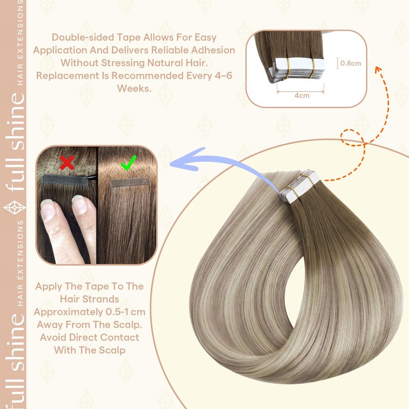 Full Shine Tape in Hair Extensions, Color 8 Light Ash Brown to 60 Ash Blonde and 18 Dirty Blonde, 16 Inch, 50g, 20PCS, Natural Invisible Seamless Tape in Extensions Human Hair Add Volume
