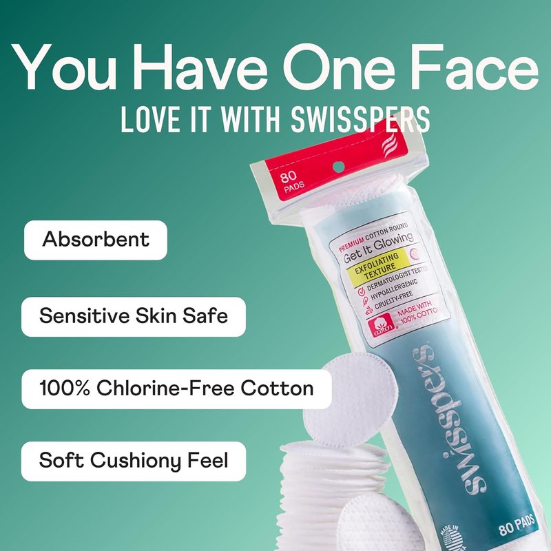 Swisspers Premium Exfoliating Cotton Rounds - 100% Pure Cotton, Dual-Sided Pads for Gentle Cleansing | 80 Count (Pack of 3)