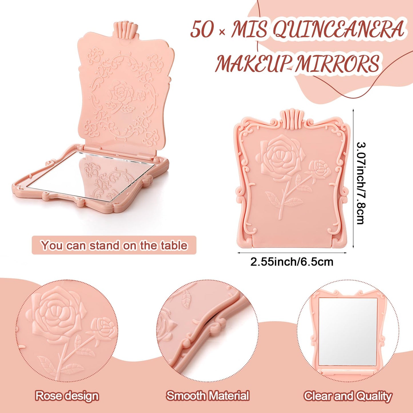 Wenqik 50 Set Quinceanera Party Favors for Guests Include Rose Compact Mirror Quinceanera Card and Organza Bag Mis Xv Sweet 15th Birthday Party Favors (Champagne)