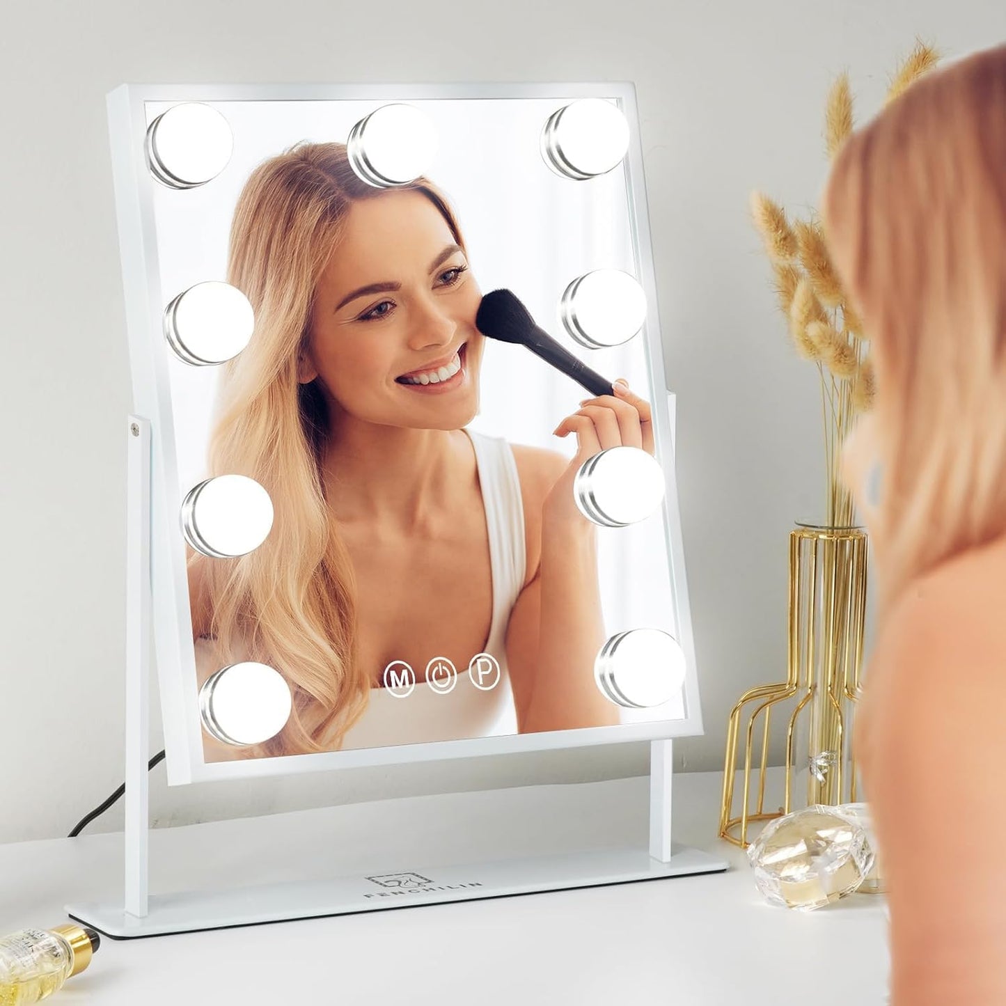 FENCHILIN Vanity Mirror with Light Lighted Makeup Mirror Vanity Smart Touch Control 3Colors Dimmable Detachable 10X Magnification Tabletop 360°Rotation(White)