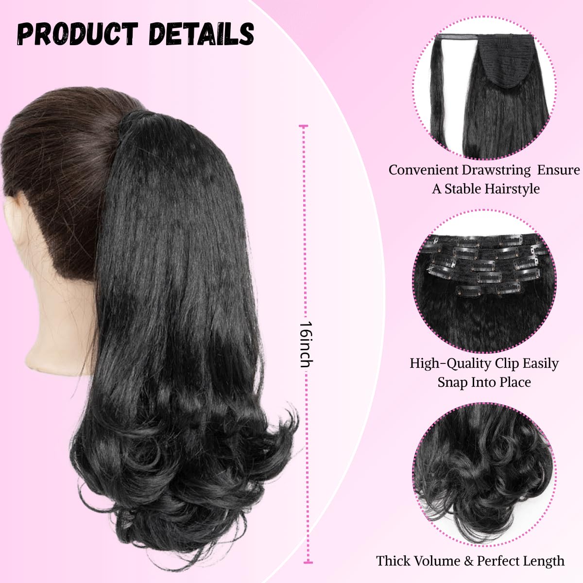 VAVANGA 6PCS Half Up Half Down Ponytail Set, 3 in 1 Kinky Straight Clip in Wrap Ponytail Hairpiece Black 16inch Long Thick Yaki Pony Tail with Clip in Hair Pieces for Women - #1B, 16"