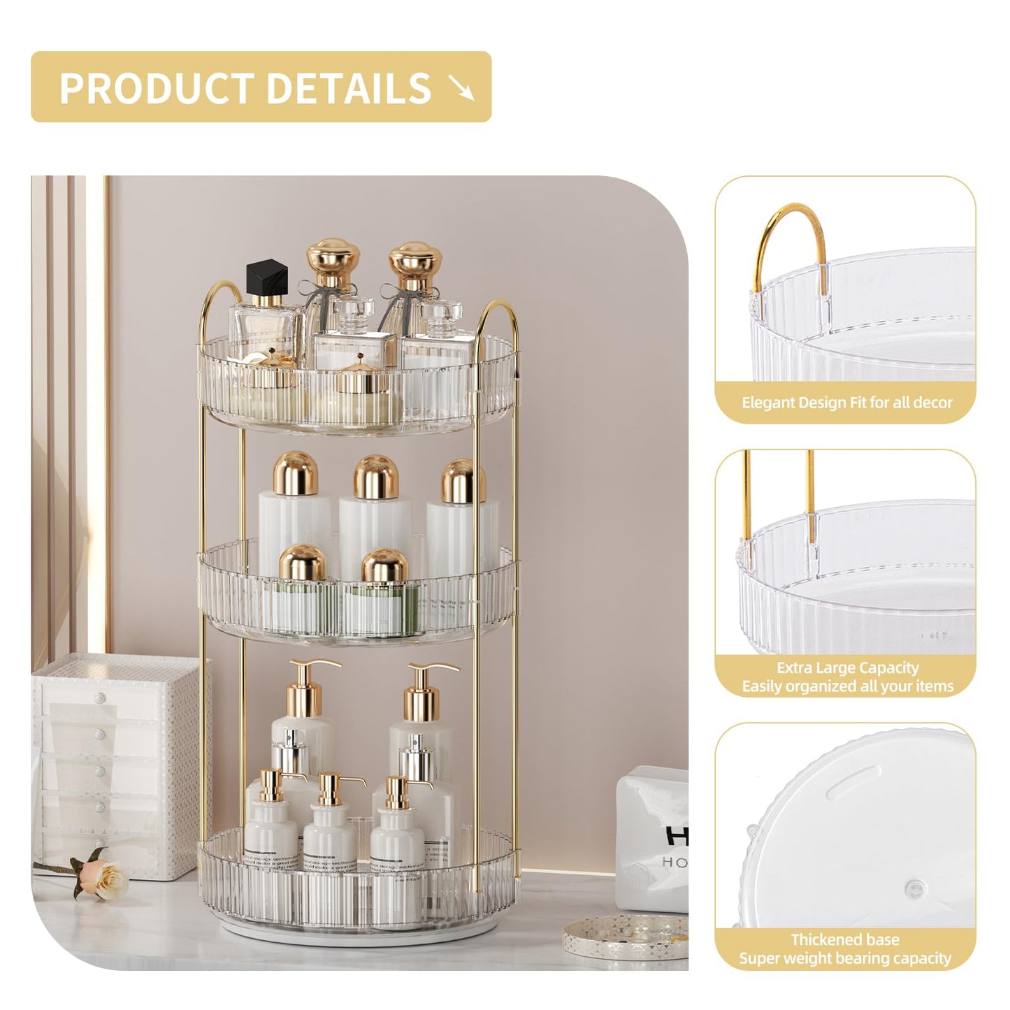 360° Rotating Makeup Organizer for Vanity - 3 Tier Perfume Organizer with Large Capacity - Skincare Organizer for Bathroom Counter - Space-Saving Cosmetic Storage for Dresser Countertop (Clear)