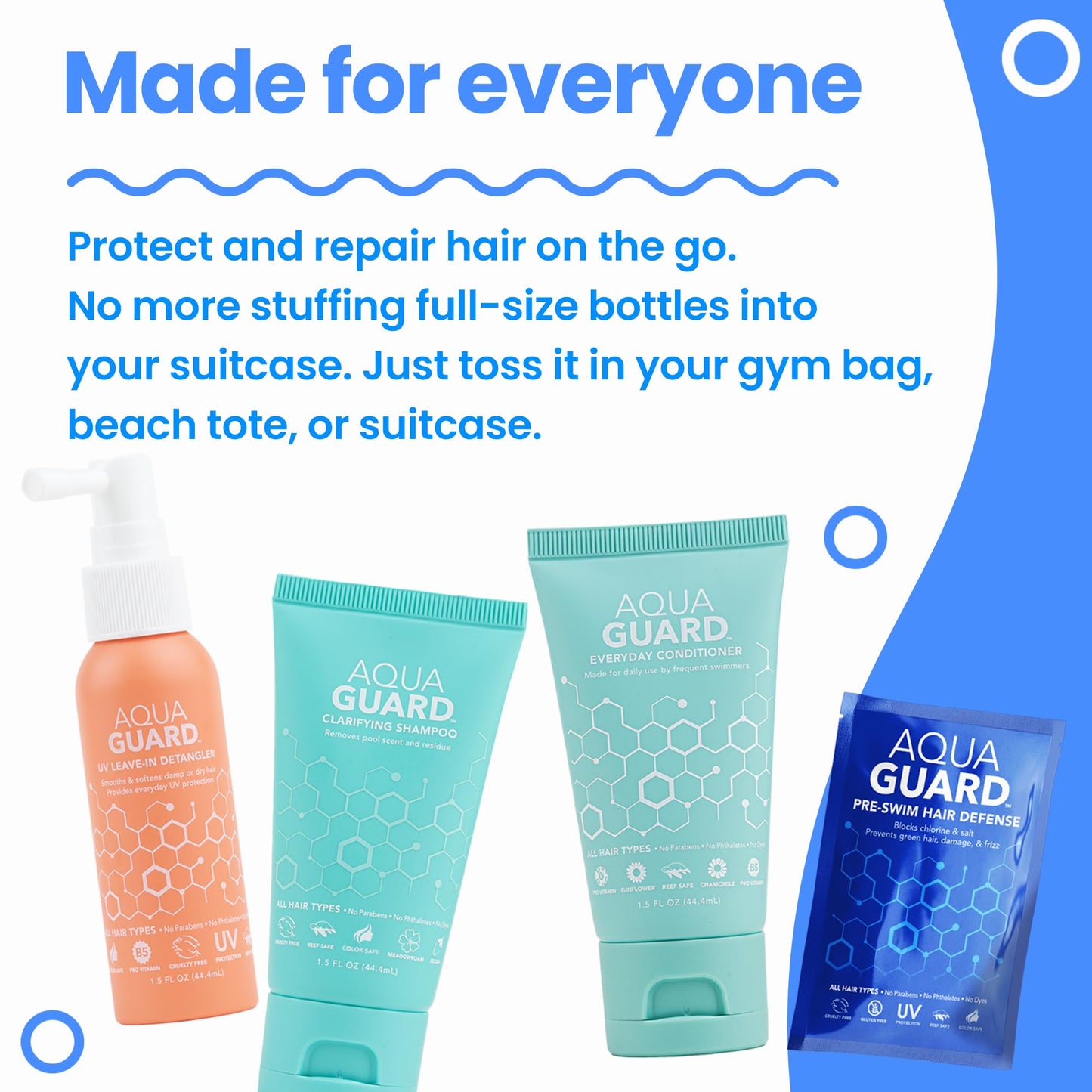AQUA GUARD Travel Pack (Conditioner, Shampoo, Detangler, packets of Pre-swim Hair Defense)
