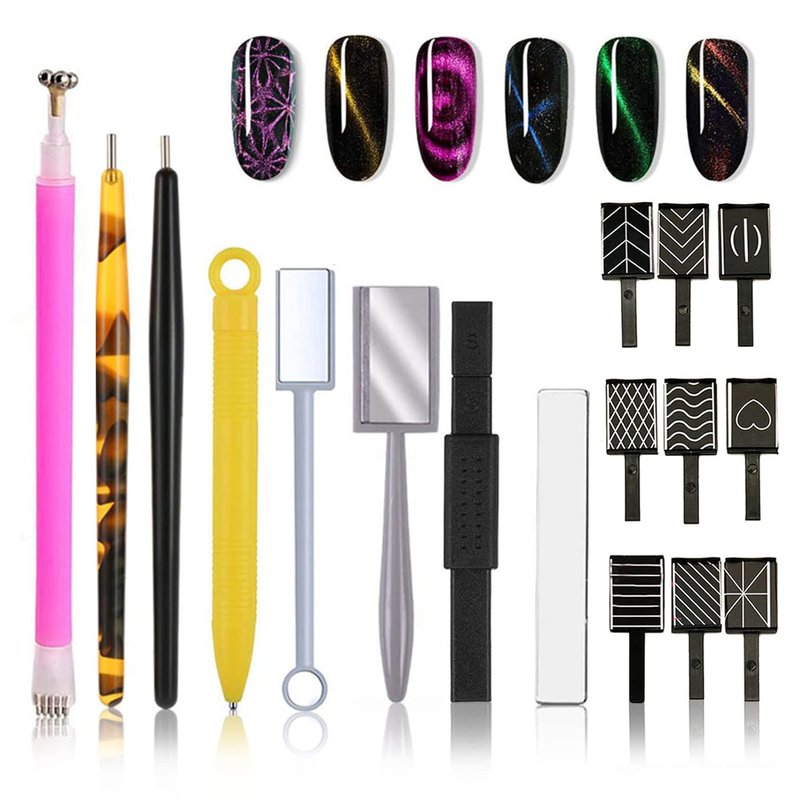 Magnet Nail Art Polish Tool Set - 17 Piece Cat Eye Gel Polish Kit for DIY & Salon Use | 3D Magnetic Tools