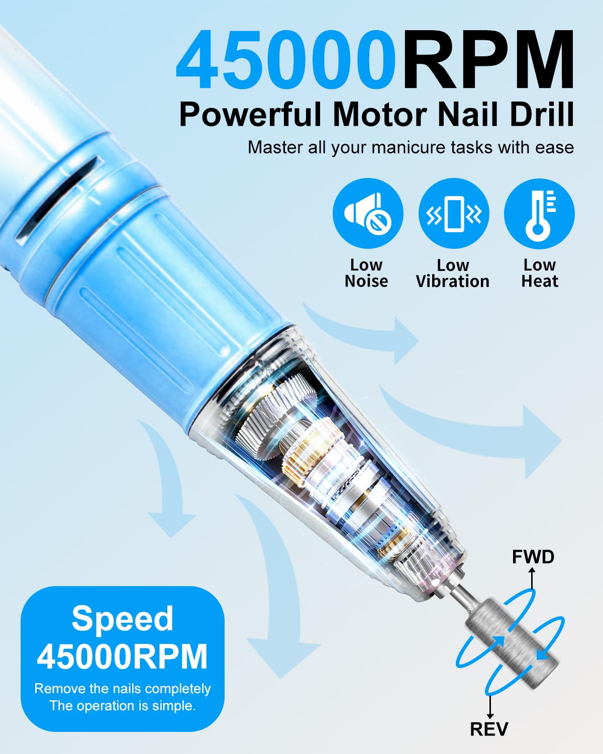 Professional Electric Nail Drill Kit - 45000RPM Cordless Rechargeable Efile for Acrylic & Gel Nails | Gradient Blue