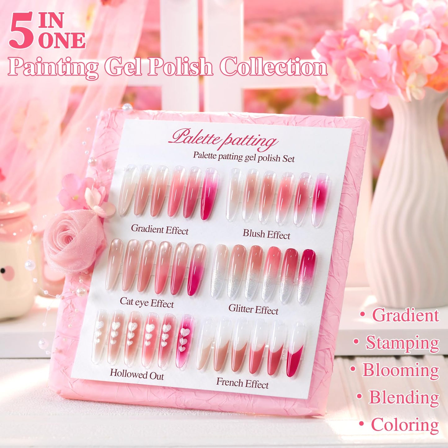 Double Rhythm Painting Gel Polish Set for Nail Art Palette Patting Gel Polish 6 Colors with 100 Pcs Sponges and Grabbing Pen (Neutral Nude Rose-T6-66)