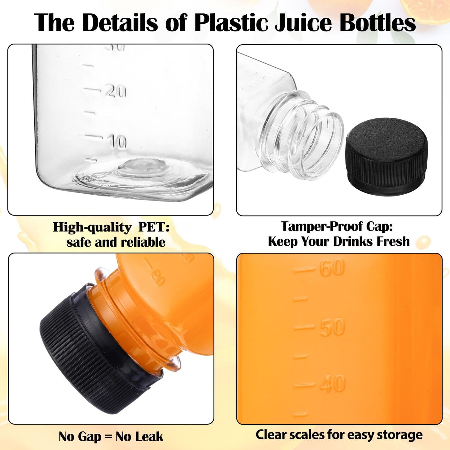 Roshtia 100 Pcs 2 oz Plastic Bottle with Caps for Liquids Small Clear Ginger Shots Bottles with Scale Reusable Mini Jars with Lids and 15 Pcs Funnel 3 Labels for Juice Sauce Bulk Portable Travel