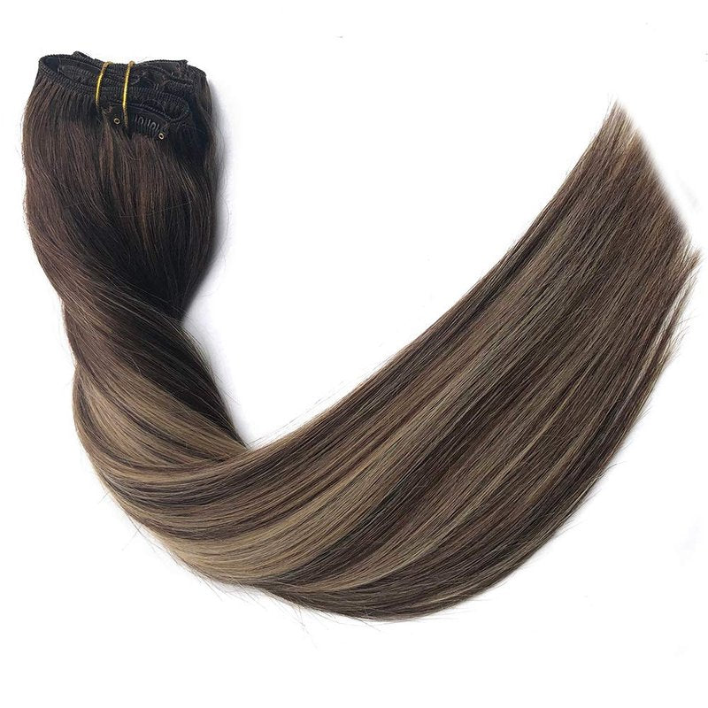 Clip In Human Hair Extensions - 18" Double Weft Brazilian Hair, 8Pcs 140g Set | Highlighted #4 Medium Brown & #24 Auburn