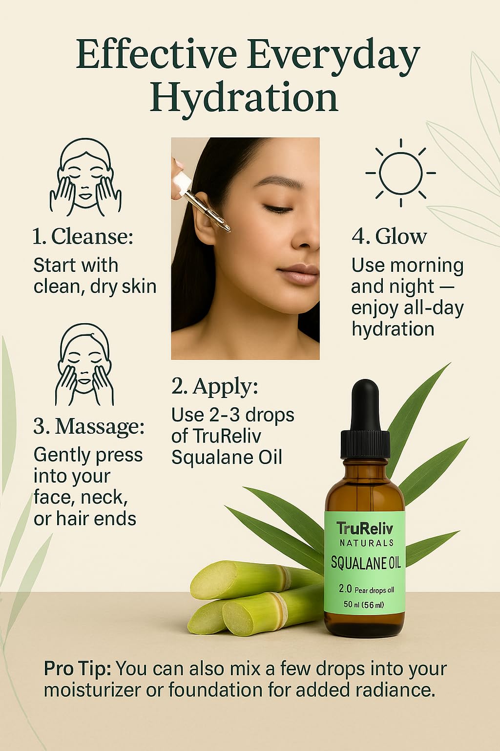TruReliv Squalane 100% Pure Plant Derived Face Oil 2 Fl Oz All Natural, Hydrates Nourish Moisturize Skin Face Body and Hair for All Skin Types