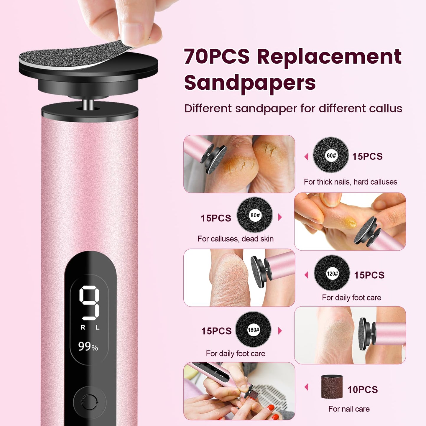 EFCRBS Electric Foot Callus Remover with LED Battery Level (Pink)