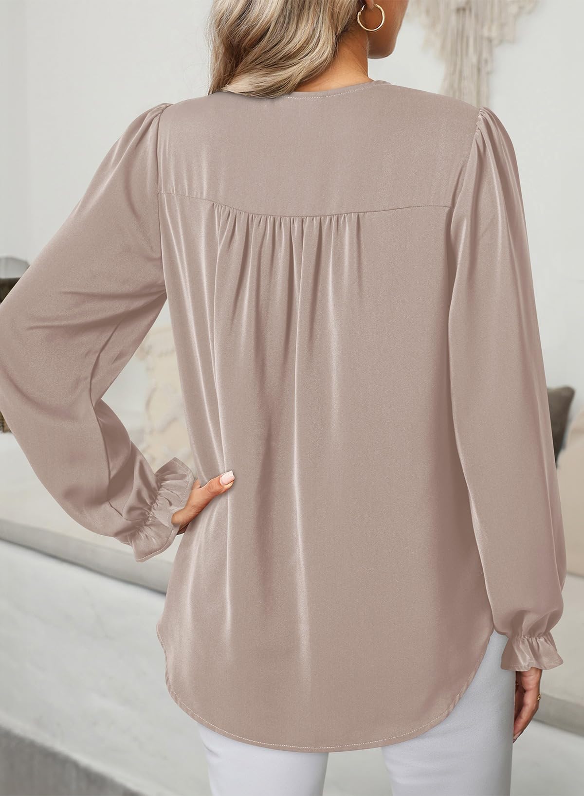Dokotoo Long Sleeve Shirts for Women 2026 Fashion Trendy V Neck Gray Tops Basic Pleated Shirts Tops Lightweight Business Casual Outfits Large