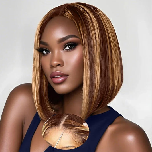 14Inch Blonde Highlight Bob Glueless Wig Human Hair 9x6 Wear And Go Glueless Wigs Pre Plucked Straight Short Bob Ombre Wig 220% Density 4/27 Honey Blonde Lace Front Straight Wigs Human Hair For Women