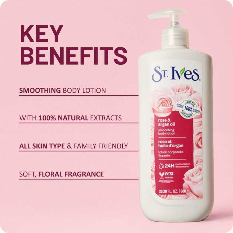 St. Ives Smoothing Hand & Body Lotion for Women with Pump, Daily Moisturizer Rose and Argan Oil for Dry Skin, Made with 100% Natural Moisturizers, 21 fl oz, 4 Pack