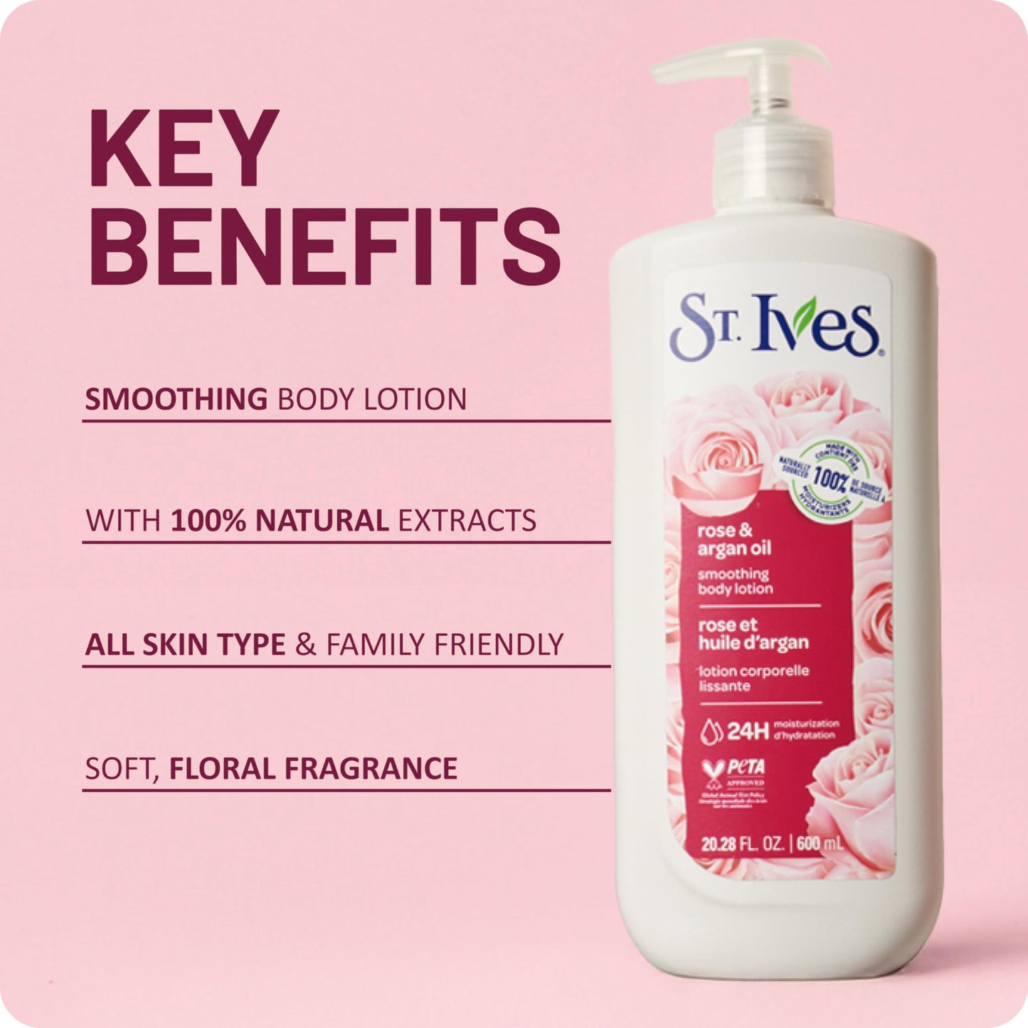 St. Ives Smoothing Hand & Body Lotion for Women with Pump, Daily Moisturizer Rose and Argan Oil for Dry Skin, Made with 100% Natural Moisturizers, 21 fl oz, 4 Pack