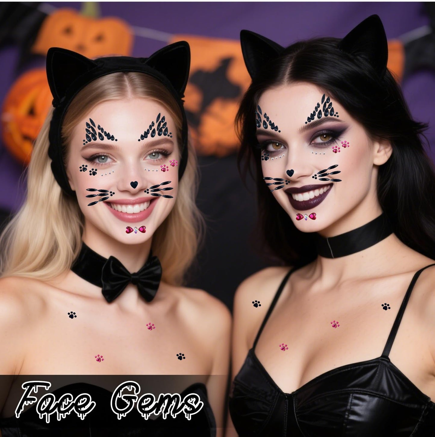 Voiiake Crystal Cat Face Gems Stickers, 2-Sheet Cat Print Gem Jewels, Black Cat Costume Women Accessories for Halloween Makeup