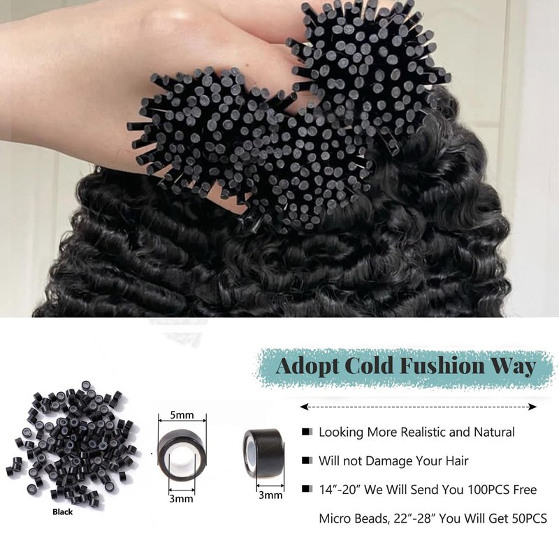 Curly I Tip Hair Extensions Human Hair for Black Women Invisible I Tip Human Hair Extensions Stick Tip Fusion Extension Brazilian Deep Wave Real Human Hair 50g 16 Inch