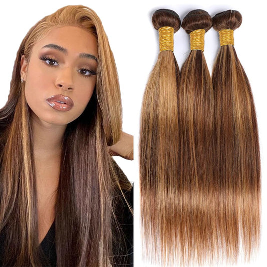 QEUOPE P427 Highlight Blonde Straight Human Hair Bundles Double Weft Brazilian Hair Extensions Ombre Two Tone Blonde Mixed With Brown Bundles for Women 8 10 12 inch