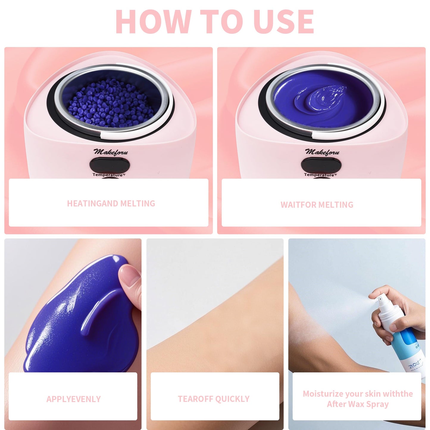 Makeforu Brazilian Waxing Kit - Bikini & Full Body Hair Removal with Digital Warmer, 4 Scented Wax Beads & 27 Silicone Tools - Home Waxing for Women & Men, Face & Body Care (Pink)