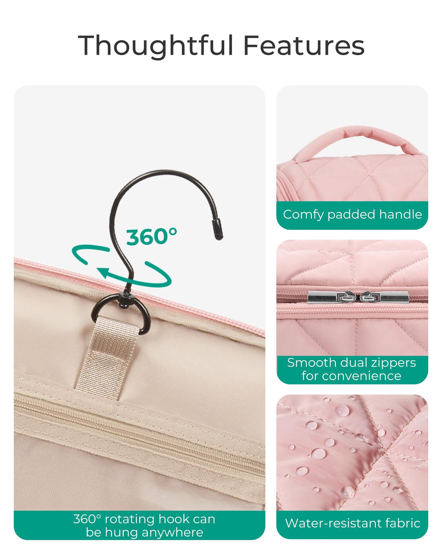 BAGSMART Toiletry Bag Travel Bag with Hanging Hook, Water-resistant Lightweight Puffy Makeup Bag Large Wide-open Travel Bag for Women Travel Organizer for Accessories, Cosmetics, Toiletries, Nude Pink