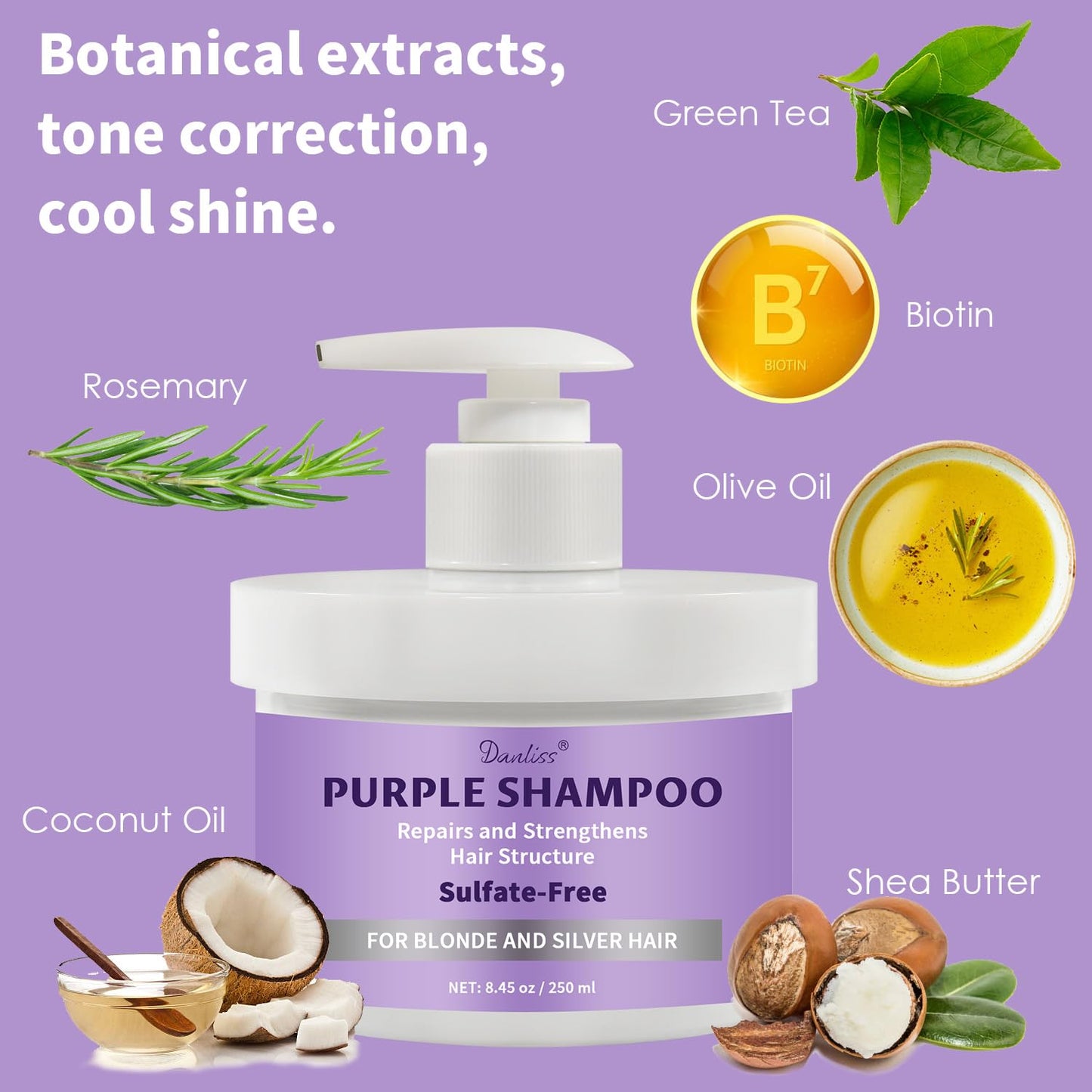 Danliss Purple Shampoo, Sulfate-Free Brass for Blonde, Silver, or Brown Hair Removes Yellow Tones & Conditions. Neutralizes Brassy Tones in Bleached or Highlighted Hair with Salicylic Acid 8.45 oz