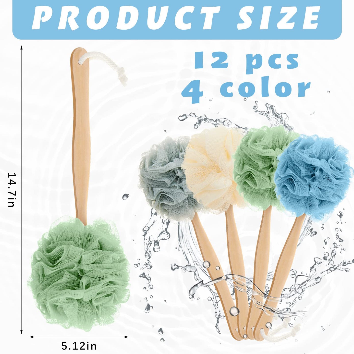 Tessco for you 12 Pack Long Handle Shower Loofahs, Mesh Back Scrubbers